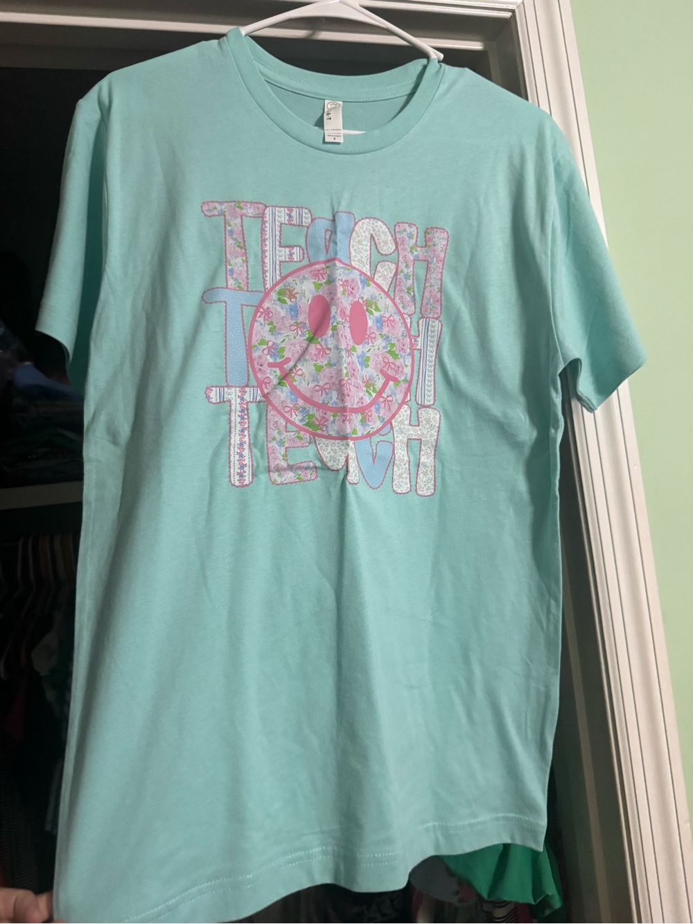 Mint Green Graphic Tee with Floral Smiley